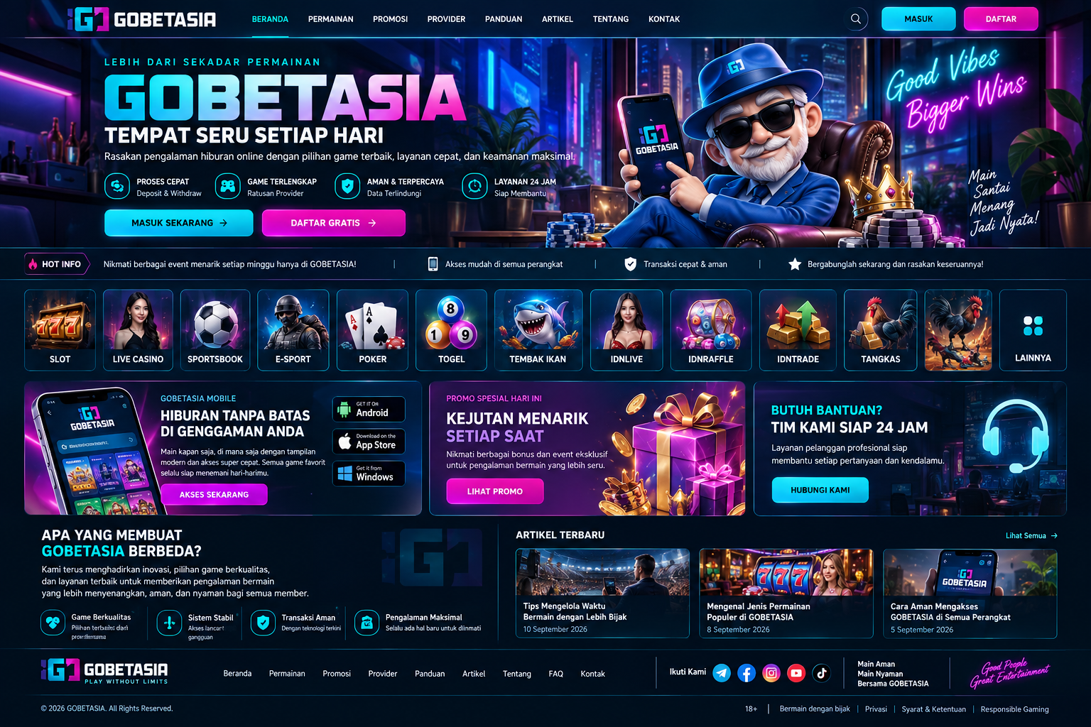 Beranda GOBETASIA dengan navigasi, kategori permainan, promosi, dukungan, artikel dan informasi pengguna